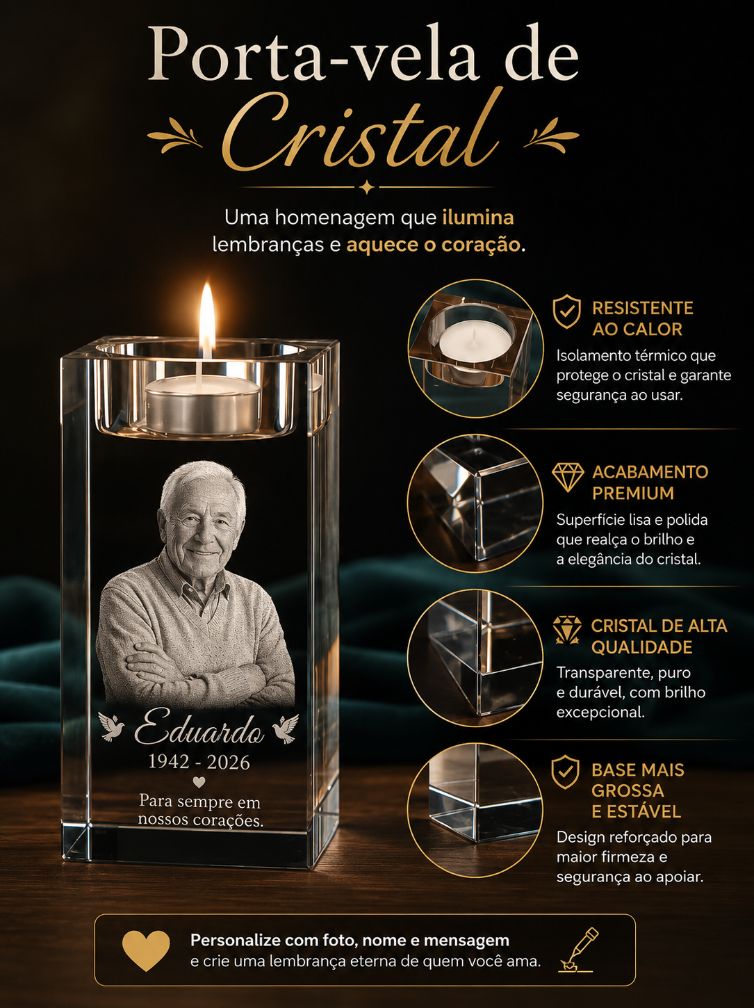 Porta-Vela Memorial em Cristal Personalizado