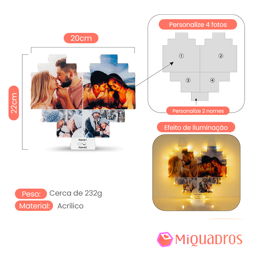 Quadro de Coração com Fotos e Nomes Personalizados - Mi Quadros