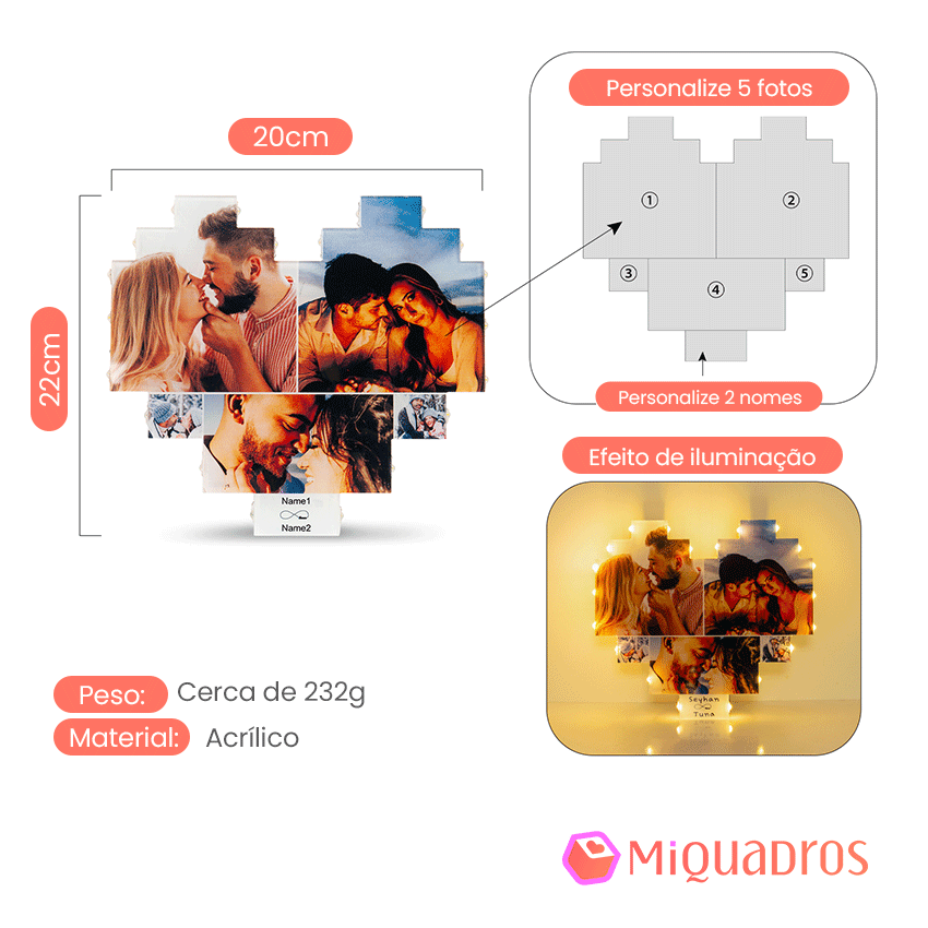 Quadro de Coração com Fotos e Nomes Personalizados - Mi Quadros